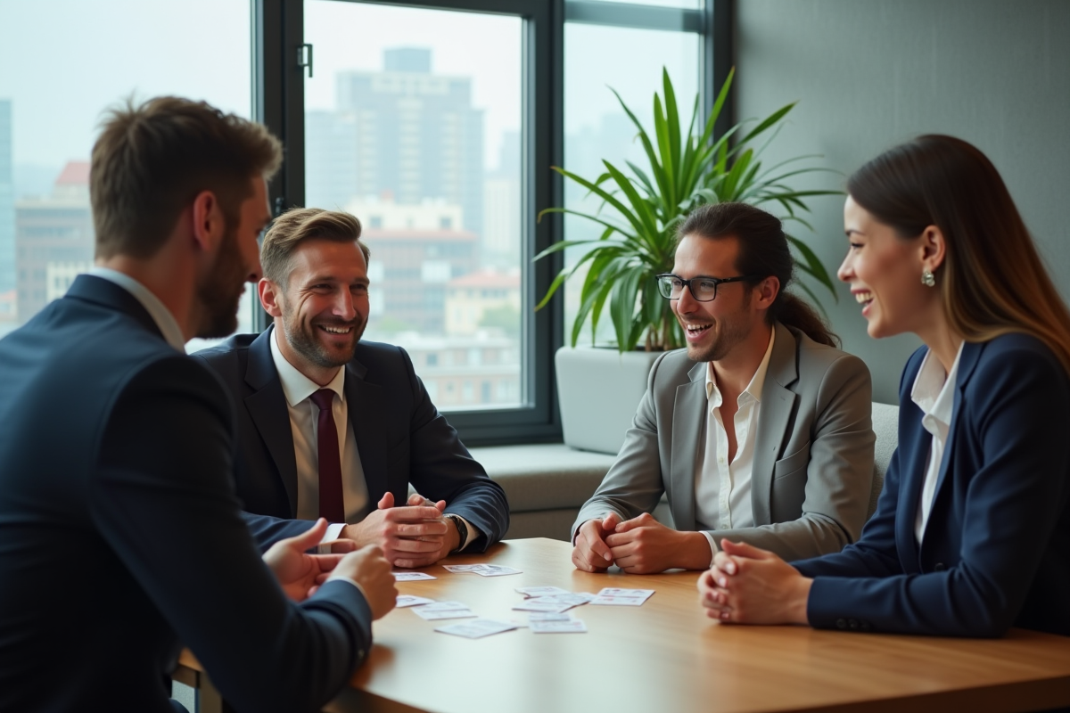 Collegues en business casual jouant aux cartes dans un bureau moderne