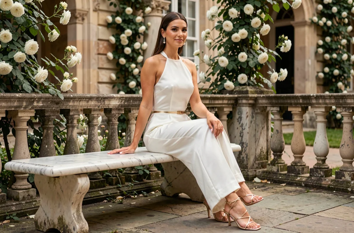 Mariée en combinaison blanche satin avec sandales dorées et ceinture fine assise sur un banc de marbre dans un jardin européen