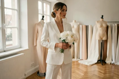 Femme en combinaison mariée blanche à jambes larges tenant un bouquet de pivoines dans un atelier parisien élégant