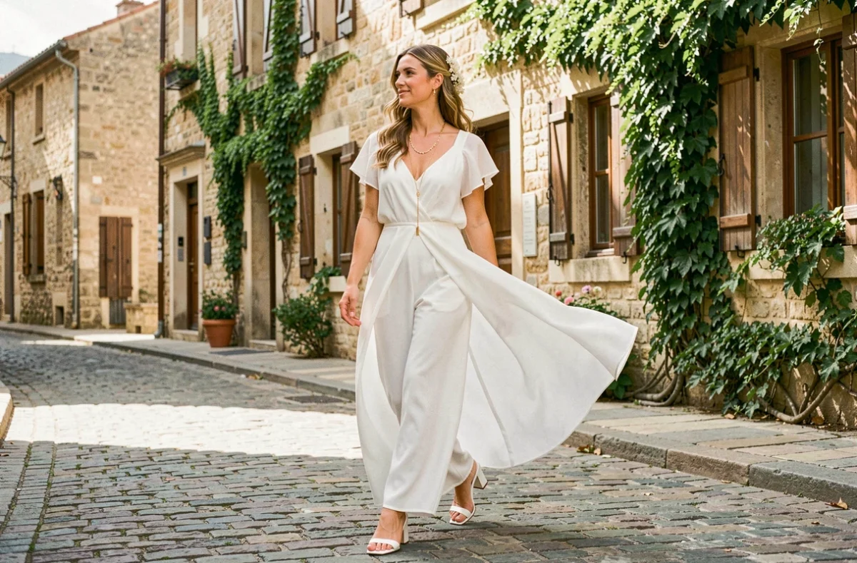 Mariée en combinaison chiffon blanc fluide avec mules blanches et collier or marchant dans une rue pavée d'un village français