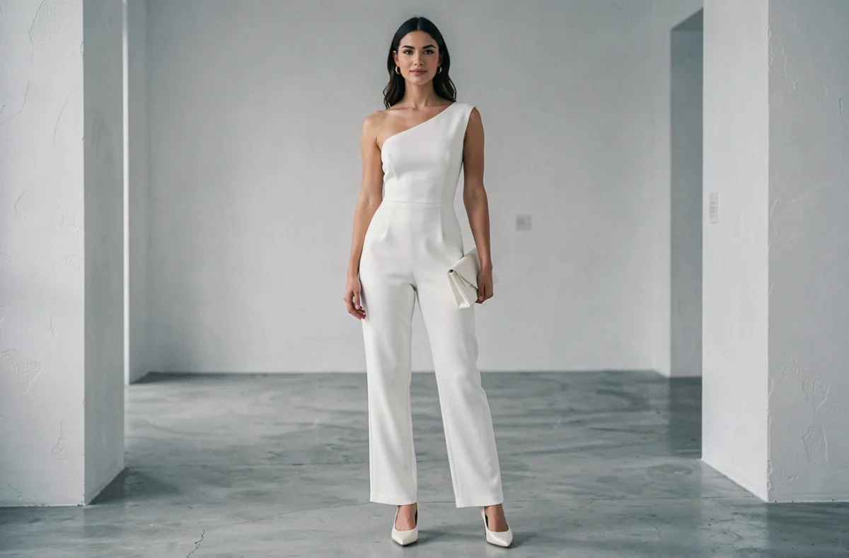 Femme en combinaison mariée crêpe blanche à épaule asymétrique avec escarpins ivoire et pochette satinée dans une galerie minimaliste