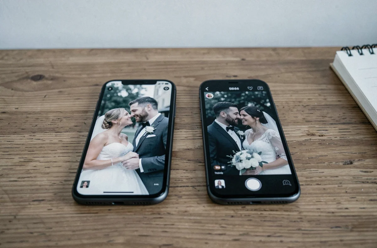 Deux smartphones affichant des versions comparées d'une photo de mariage présumée retouchée sur une table en bois