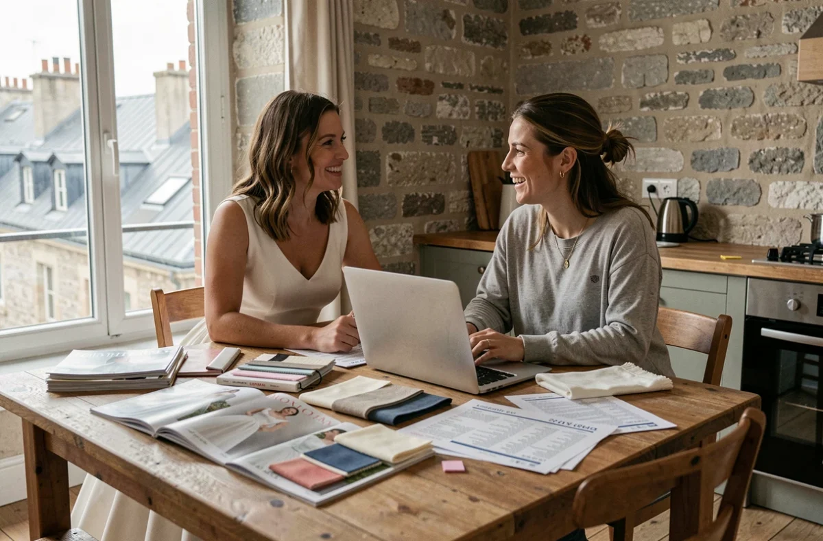 Deux amies comparant des prix de robes de mariées pas cher dans un appartement parisien