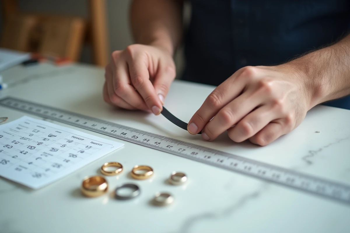 Mains masculines mesurant un tour de doigt avec une bande de papier et une règle pour déterminer la taille de bague