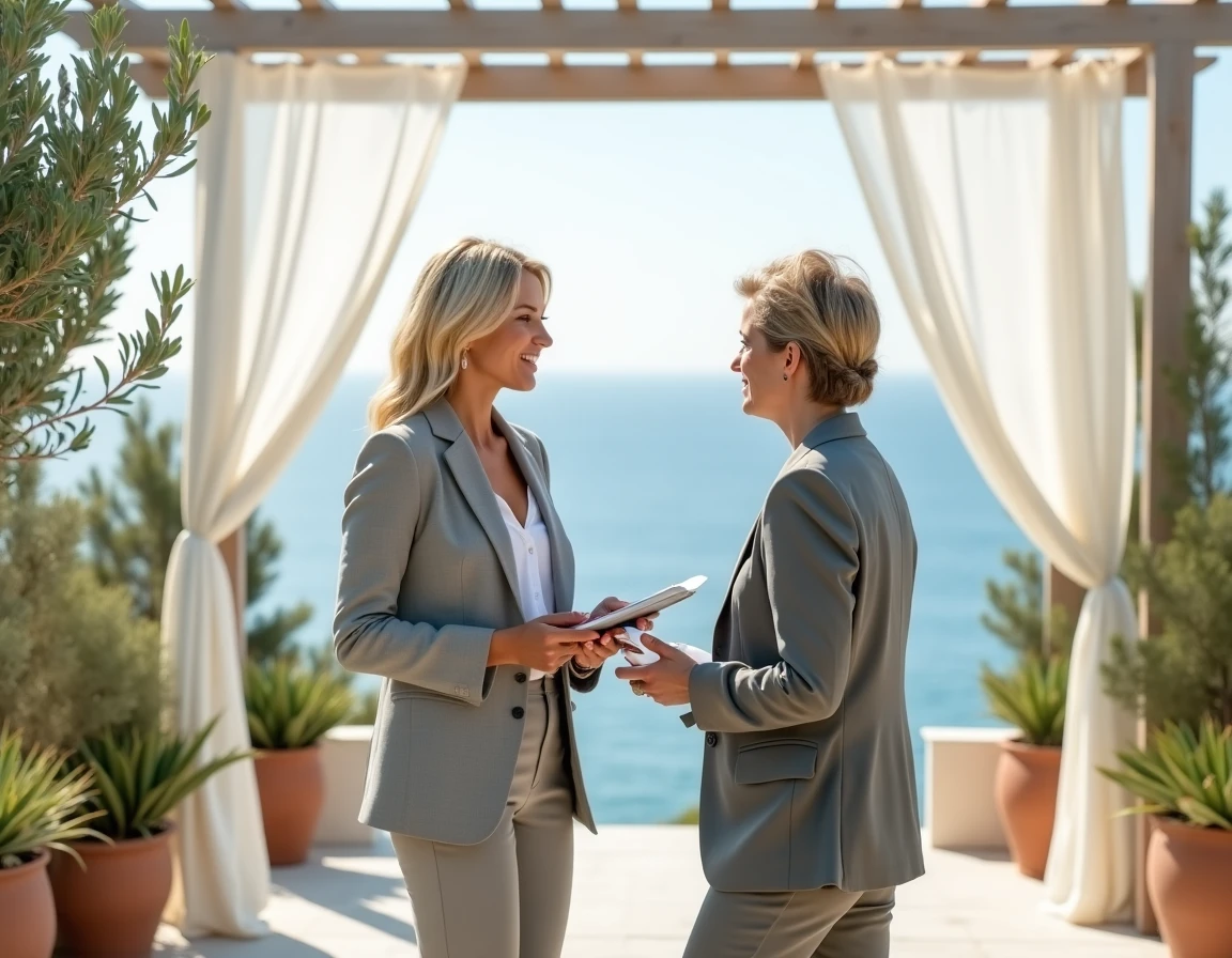 Coordinatrice de mariage en discussion avec le responsable d'un domaine en bord de mer sous une pergola décorée pour préparer la réception