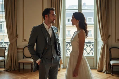 Homme en costume gris ardoise assorti à la robe ivoire de la mariée dans un salon parisien haussmannien lors d'un mariage