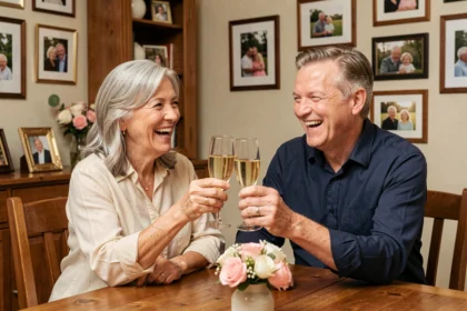 Couple de sexagénaires riant ensemble avec des coupes de champagne pour célébrer leurs 40 ans de mariage