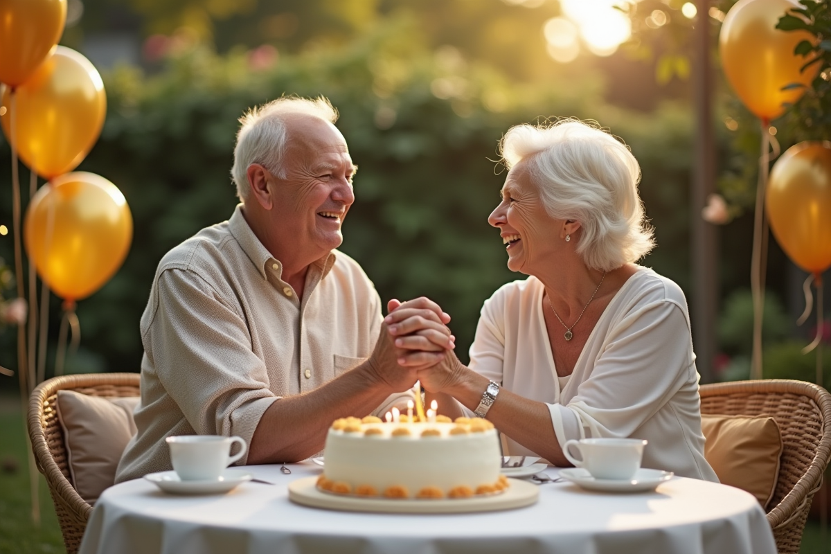 Couple âgé riant lors d'une fête dans un jardin élégant