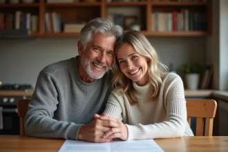 Couple mature lisant une lettre d'anniversaire dans la cuisine chaleureuse