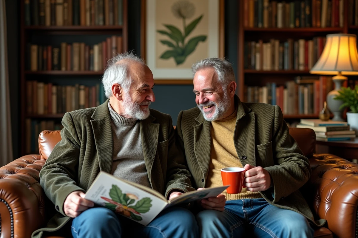 Deux hommes dans une bibliothèque domestique chaleureuse, partageant leur passion commune pour les jardins et la culture