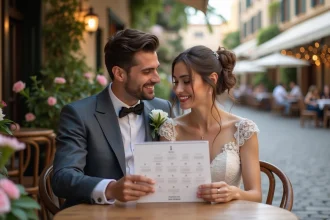 Jeune couple en mariage avec calendrier romantique en extérieur