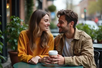 Jeune couple assis au café en extérieur partageant un moment chaleureux