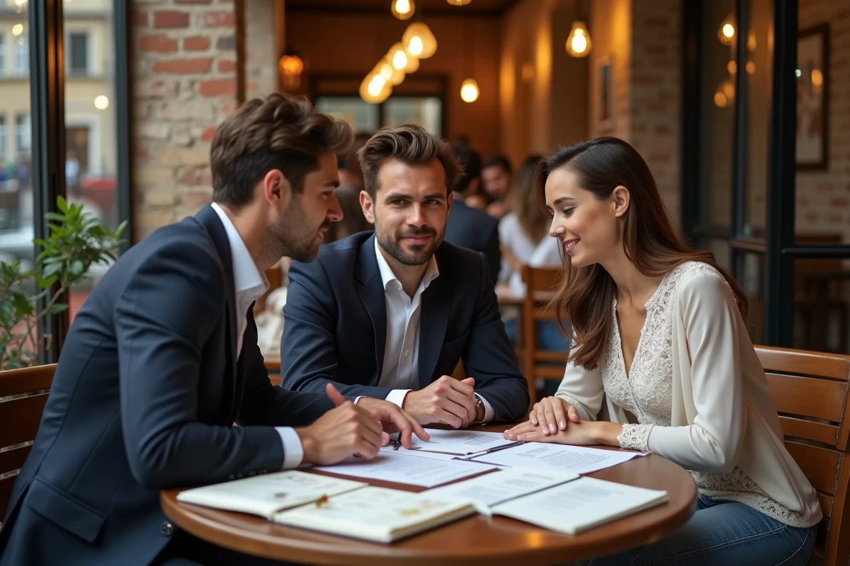 Couple discutant des tarifs d'un wedding planner autour d'un devis dans un caf&eacute; parisien