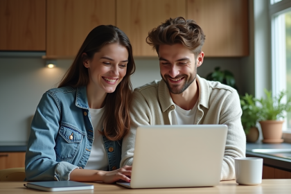 Jeune couple souriant dans une cuisine chaleureuse