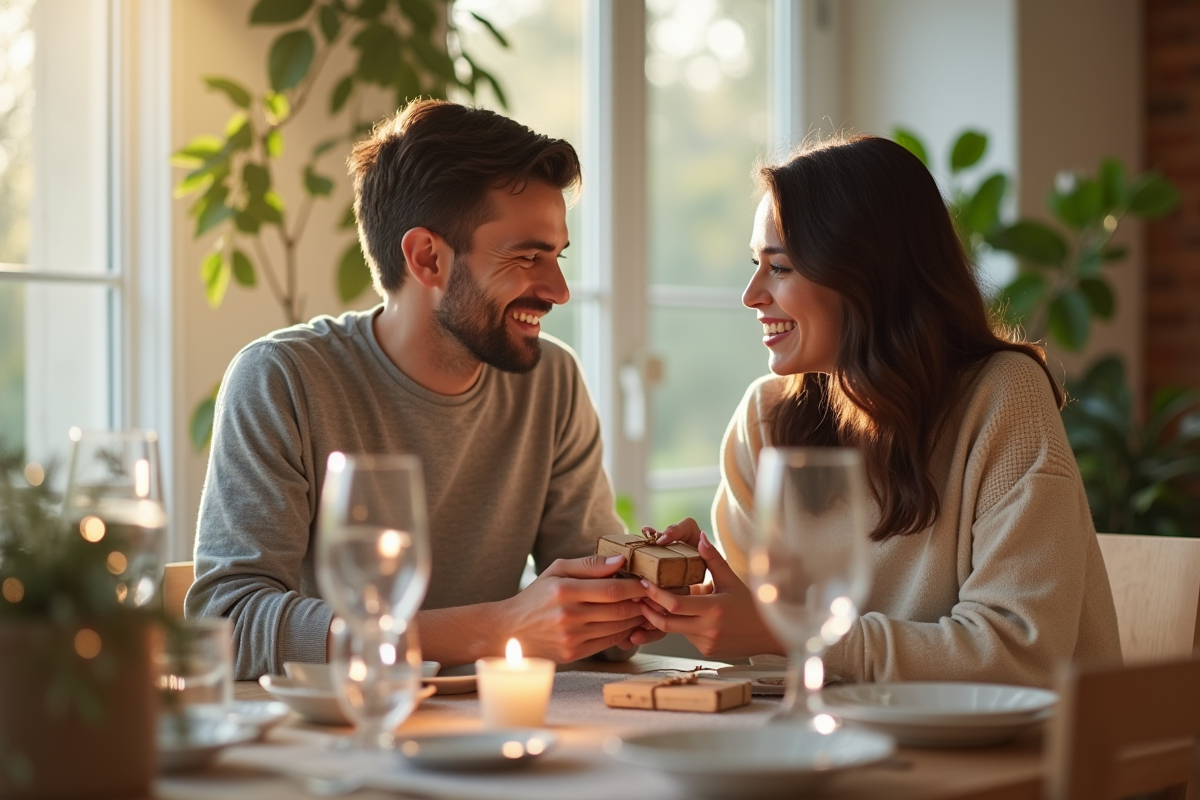 Couple souriant échangeant des petits cadeaux dans une salle lumineuse