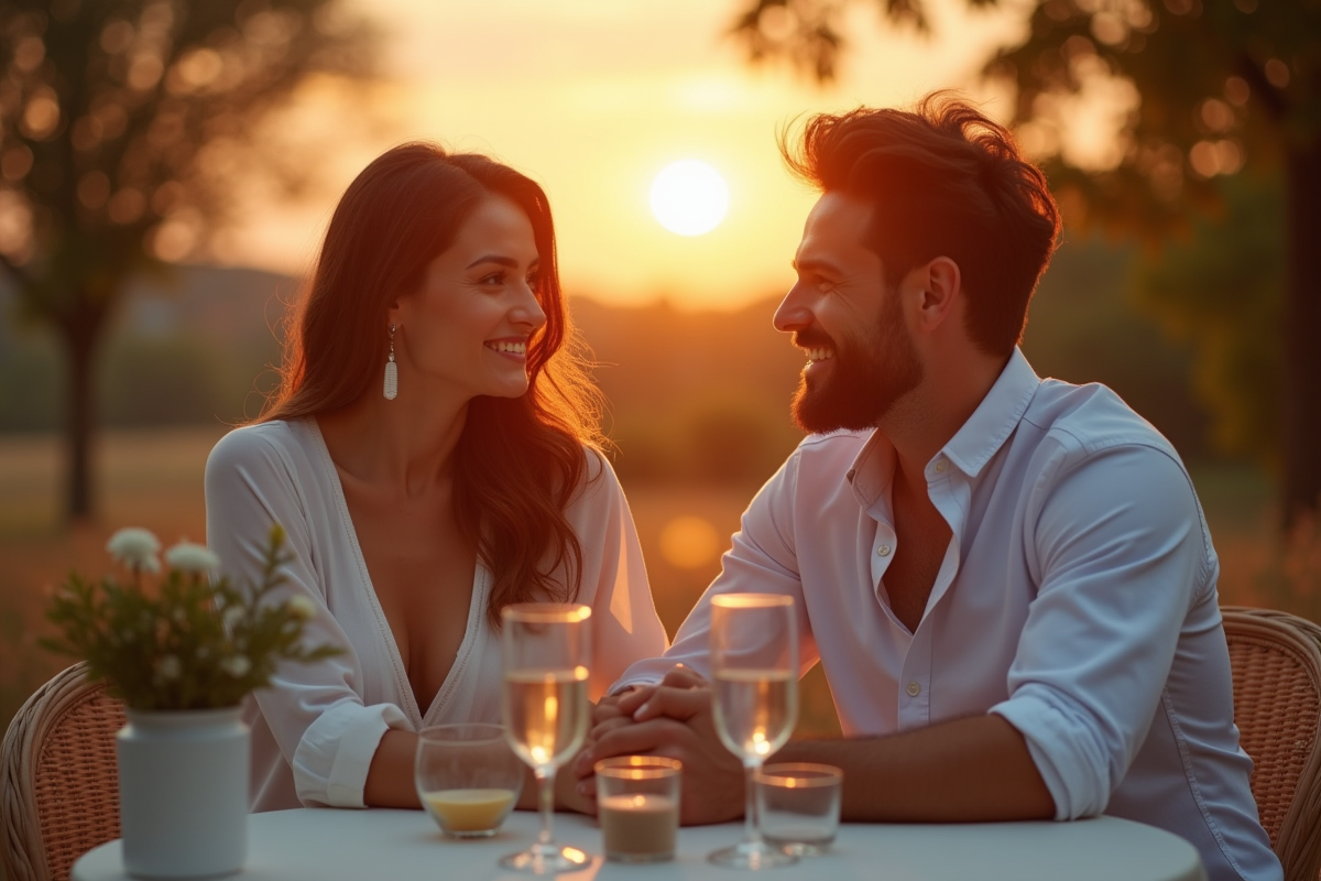 Couple souriant lors d'un dîner en plein air au coucher du soleil