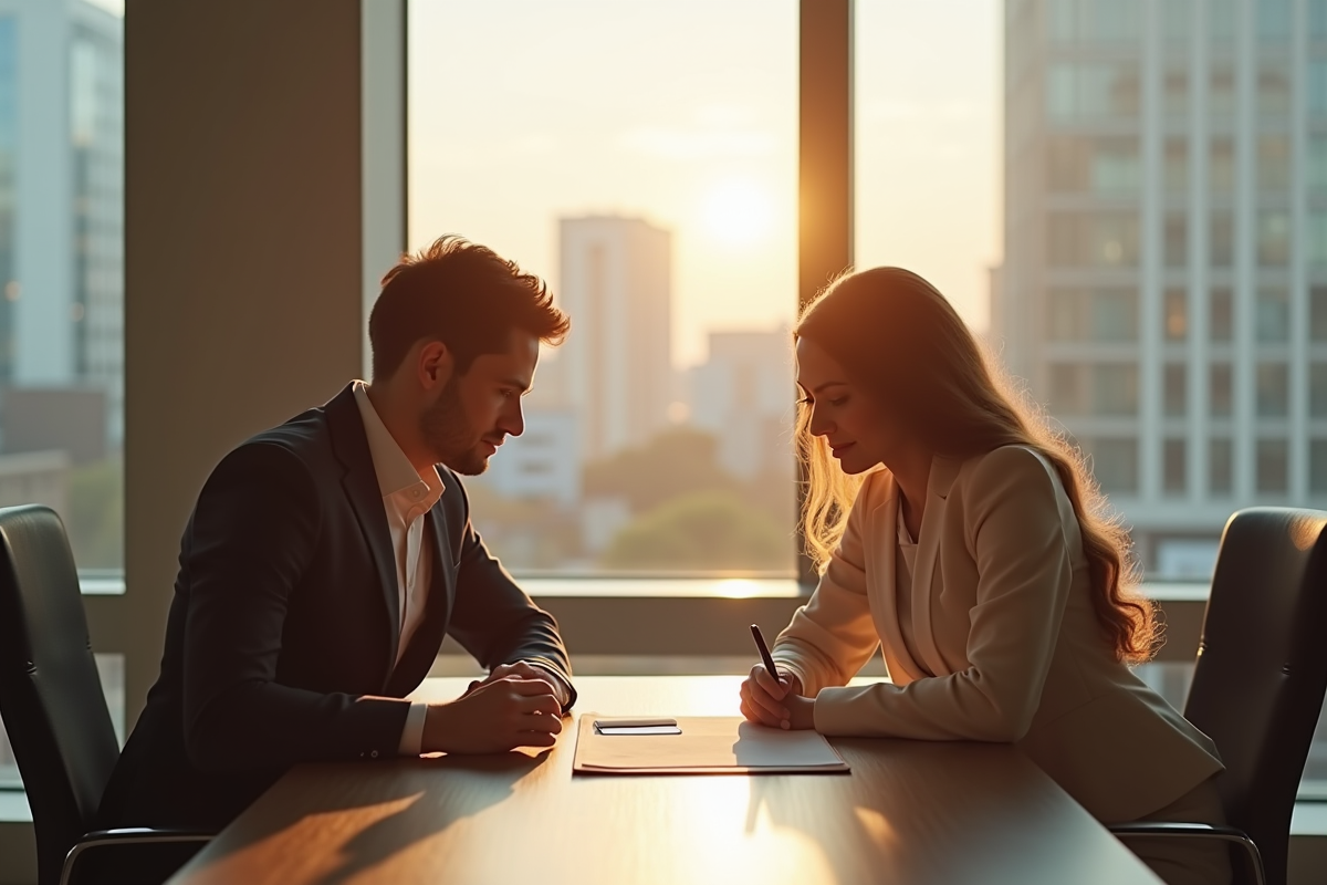 Couple discutant avec un professionnel dans un bureau moderne