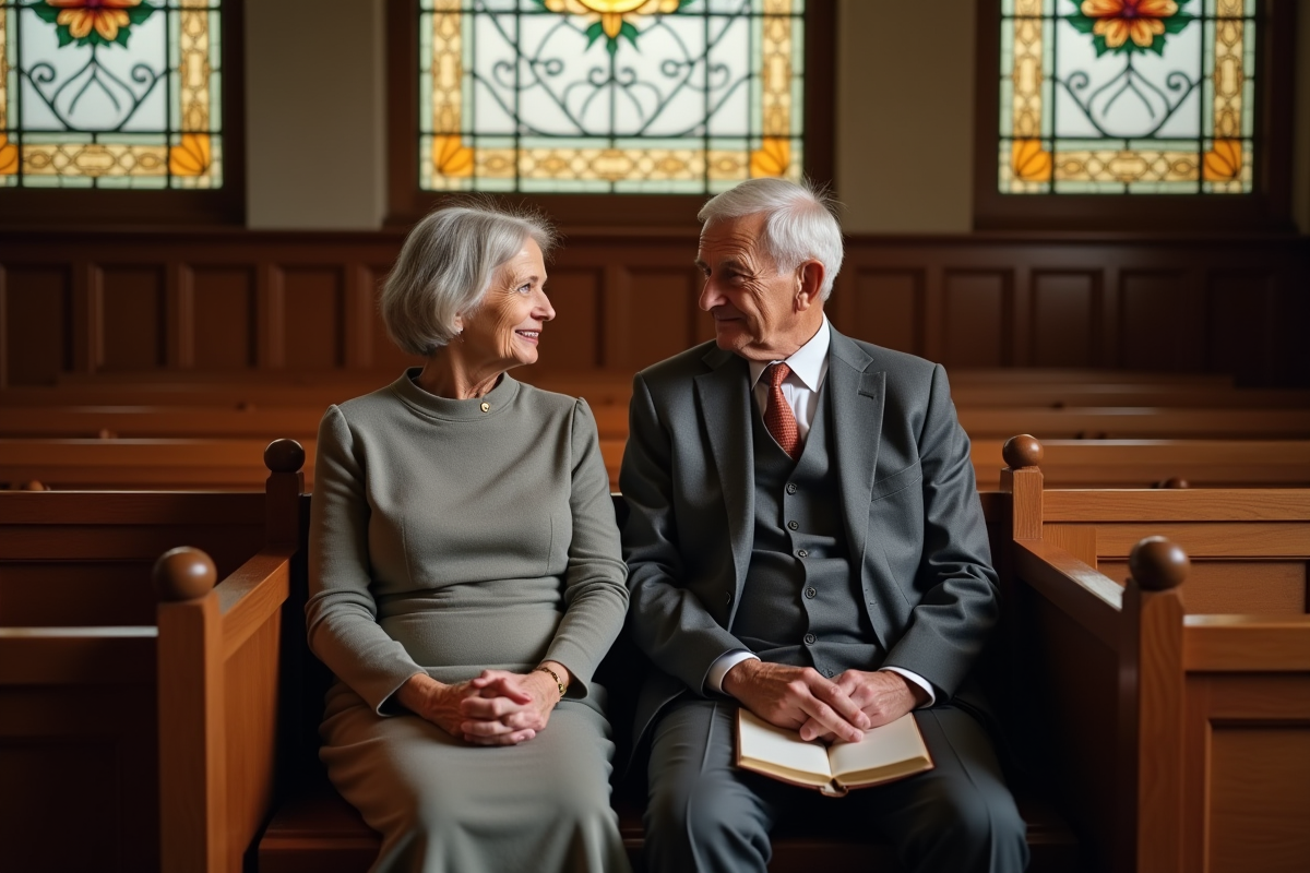 Couple âgé assis dans une église avec vitraux et bancs en bois
