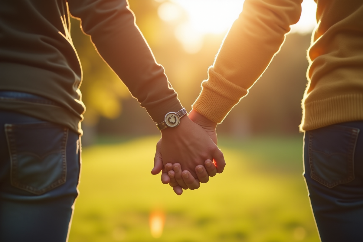 Couple interreligieux se tenant la main dans un parc ensoleille