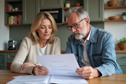 Couple d'&acirc;ge moyen lisant des papiers dans une cuisine lumineuse