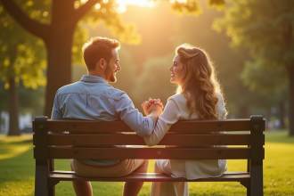 Couple main dans la main souriant dans un parc ensoleille