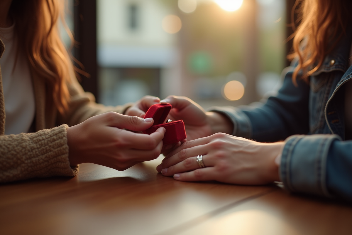 Couple tenant la main avec bague dans un café lumineux