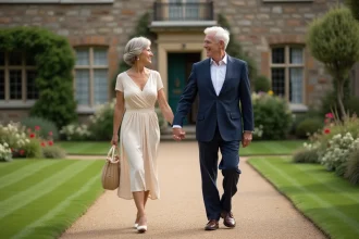 Couple mature marchant dans un jardin élégant en plein air