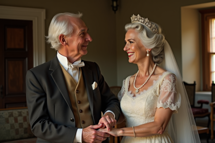 Couple agee en tenue de mariage vintage souriant