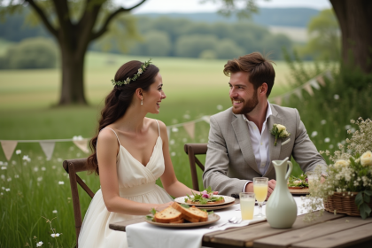 Jeune couple riant lors d’un mariage champêtre en plein air