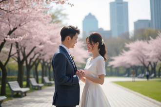 Jeune couple japonais en mariage dans un parc en fleurs