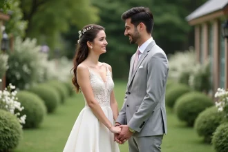 Jeune couple en mariage dans un jardin verdoyant