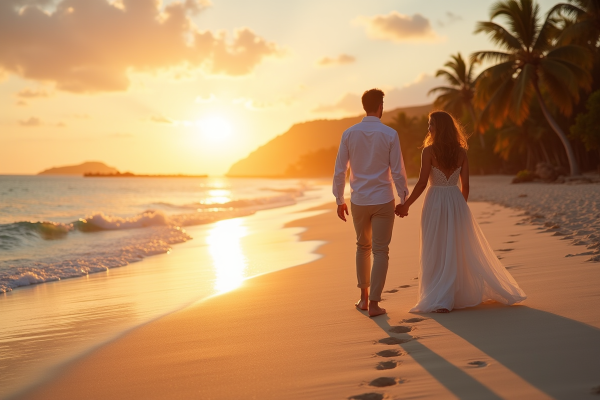 Jeune couple marié marchant sur la plage au coucher du soleil