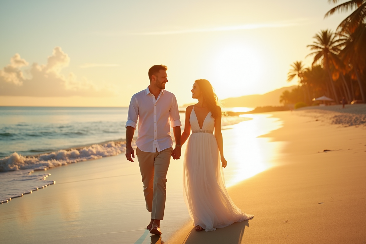 Jeune couple marié marchant sur la plage tropicale ensoleillée