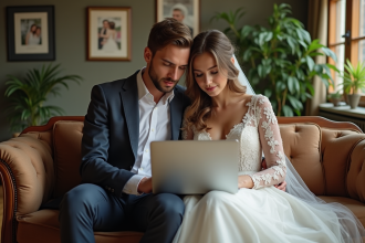 Jeune couple en mariage choisissant des chansons dans un intérieur chaleureux