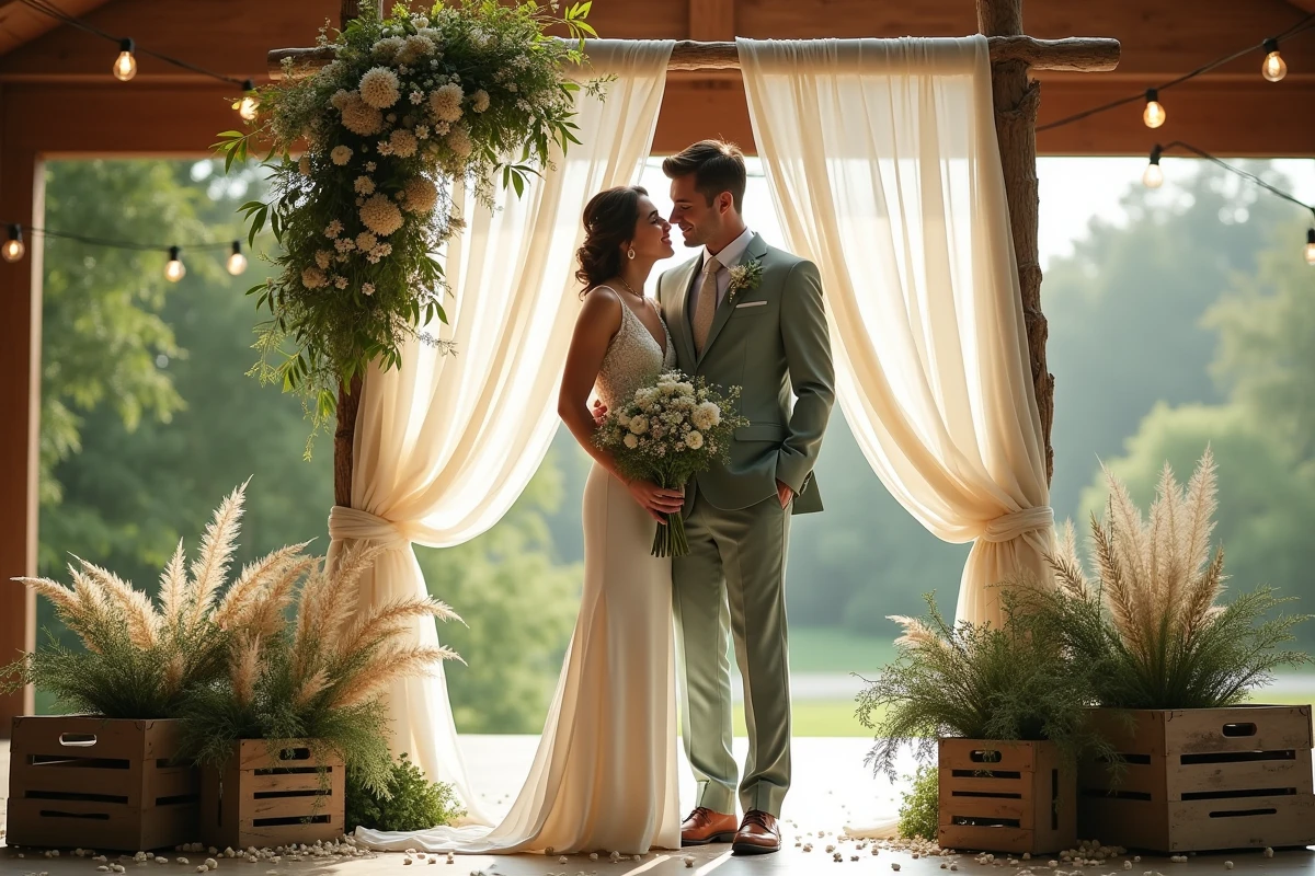 Couple de mariés sous une arche en bois décorée de verdure et fleurs séchées dans une salle intérieure au thème champêtre