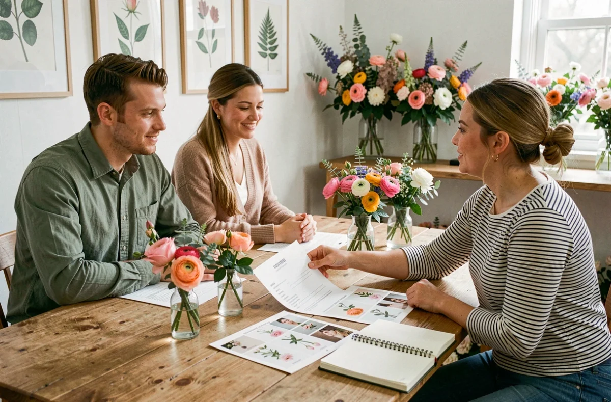 Couple de mariés en consultation avec leur fleuriste pour négocier un devis floral de mariage