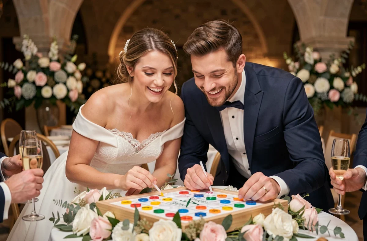 Couple de mariés souriant devant un quiz de mariage décoré lors du vin d'honneur en intérieur