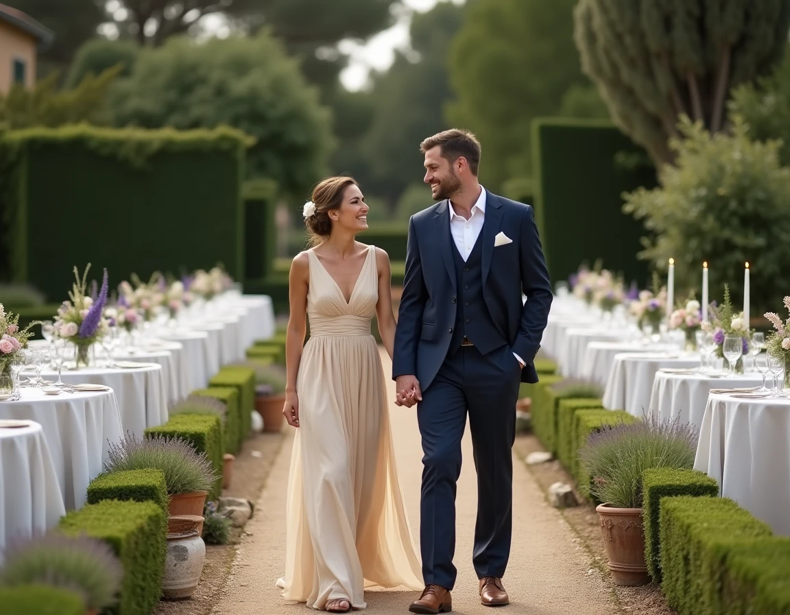 Couple de mariés riant lors d'une réception de mariage en plein air dans un domaine provençal français
