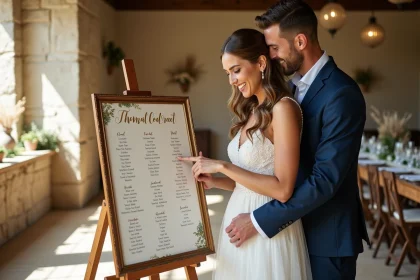 Couple de mariés consultant leur tableau des noces dans une ferme rustique française