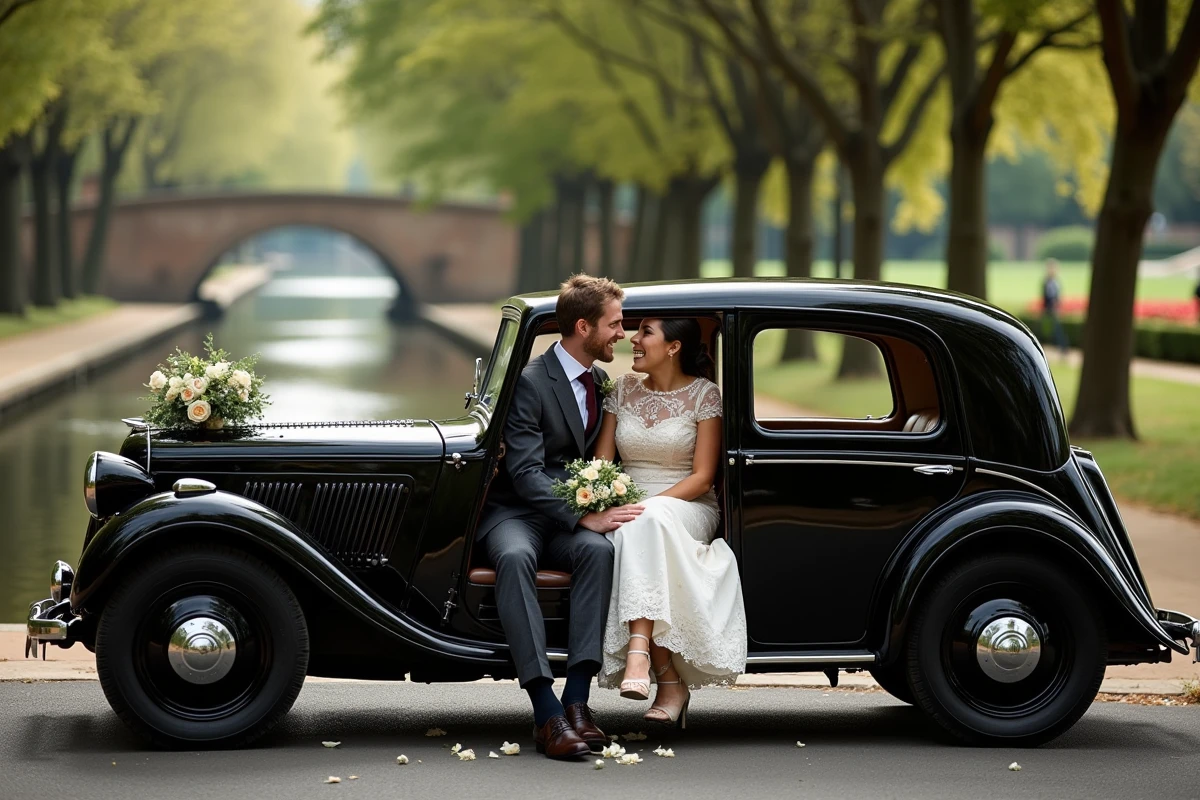 Couple de mariés riant dans une Citroën Traction Avant noire restaurée sur une avenue arborée au bord du Canal du Midi à Toulouse