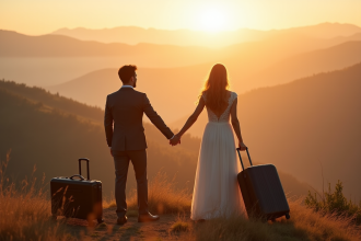 Jeune couple au sommet d'une montagne au lever du soleil