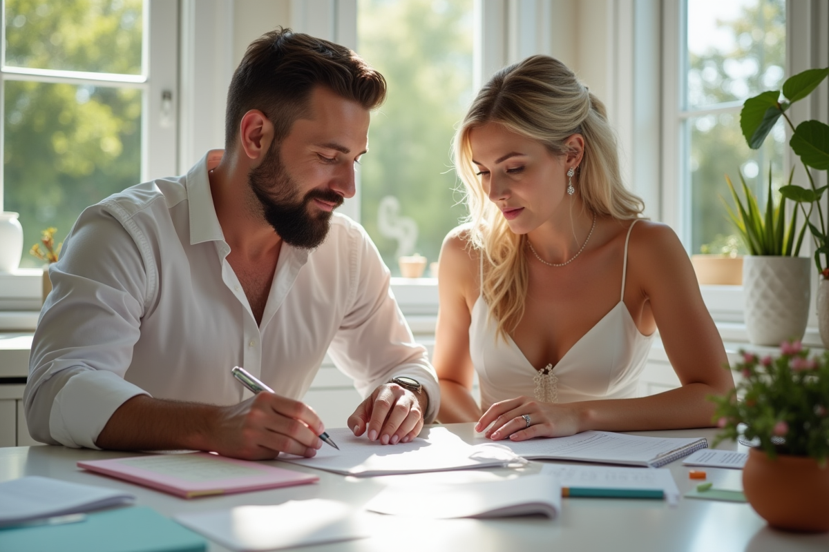 Jeune couple planifiant leur mariage dans une cuisine lumineuse