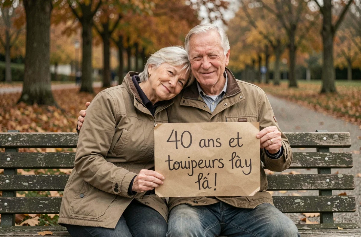 Couple âgé tenant une pancarte humoristique pour leurs 40 ans de mariage dans un parc en automne