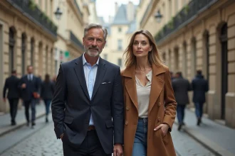 Couple parisien élégant marche dans la rue