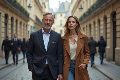 Couple parisien &eacute;l&eacute;gant marche dans la rue