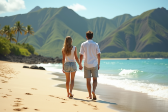 Jeune couple marchant sur la plage hawaienne ensoleillee
