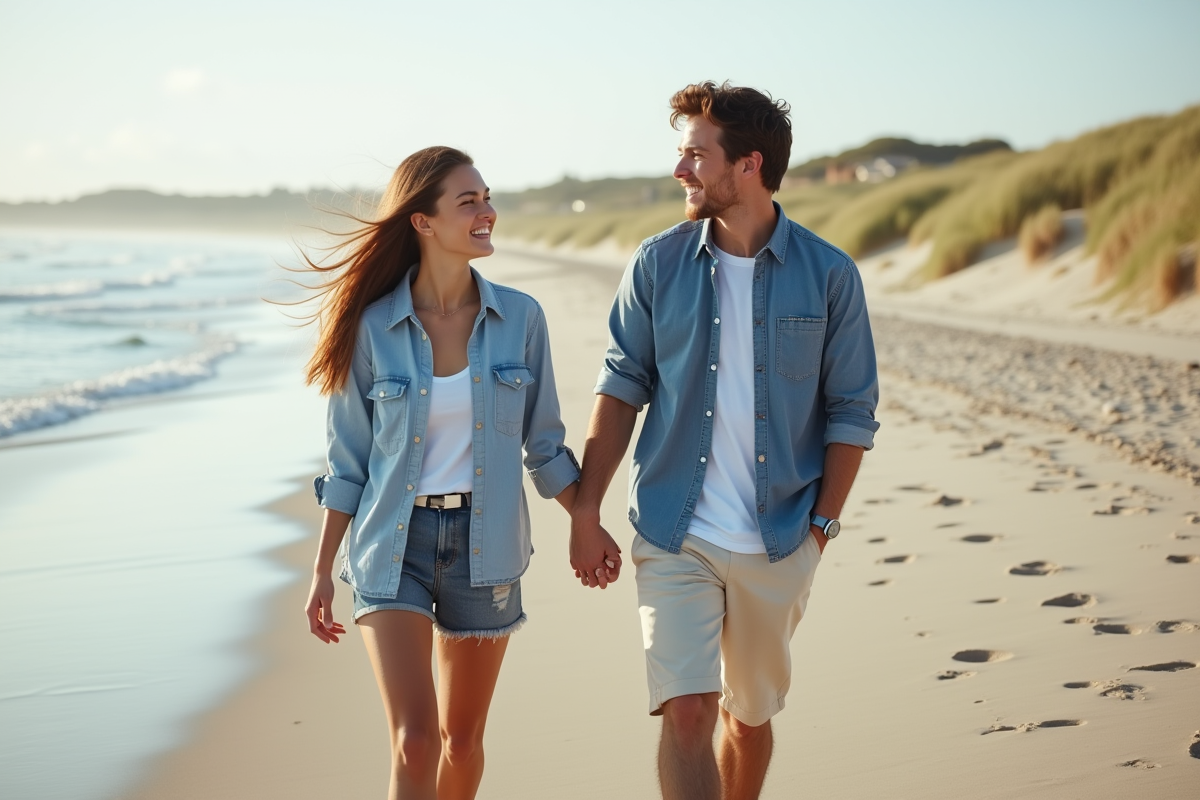 Jeune couple souriant sur la plage en été