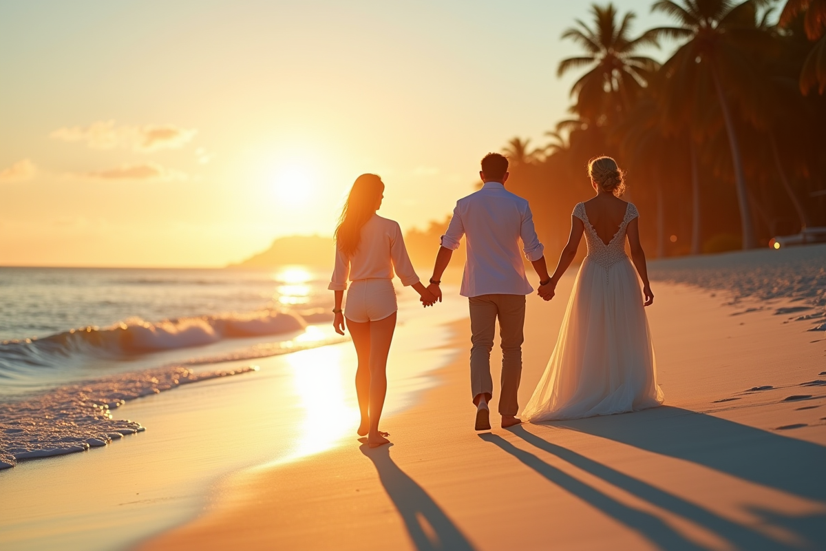 Couple marchant sur la plage au coucher de soleil