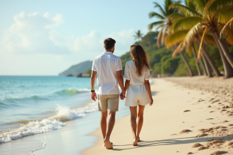 Jeune couple marche sur une plage tropicale ensoleillee