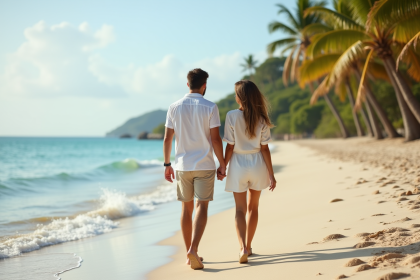 Jeune couple marche sur une plage tropicale ensoleillee